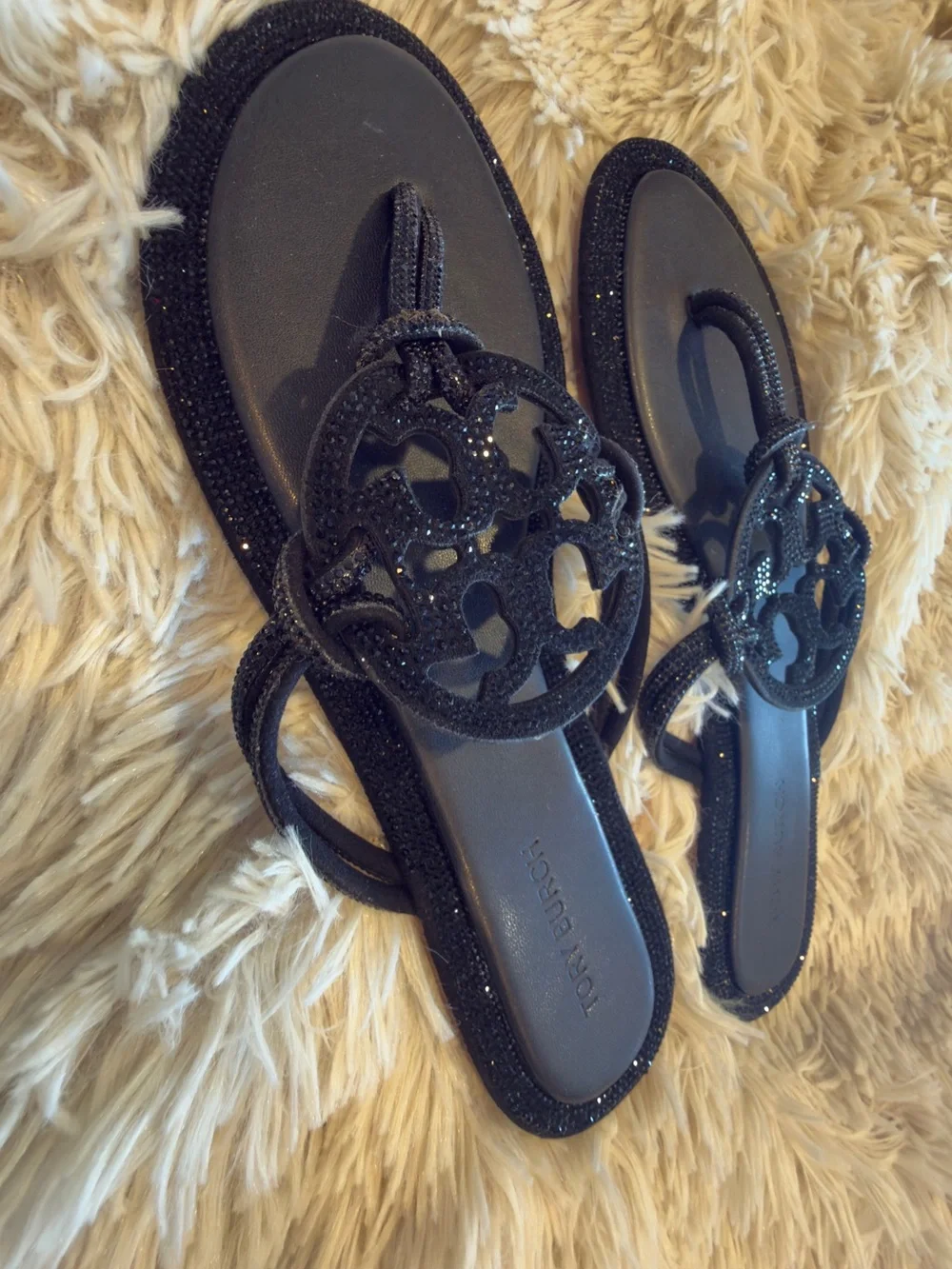 Tory Burch Black Glitter Logo Thong Sandals New no box